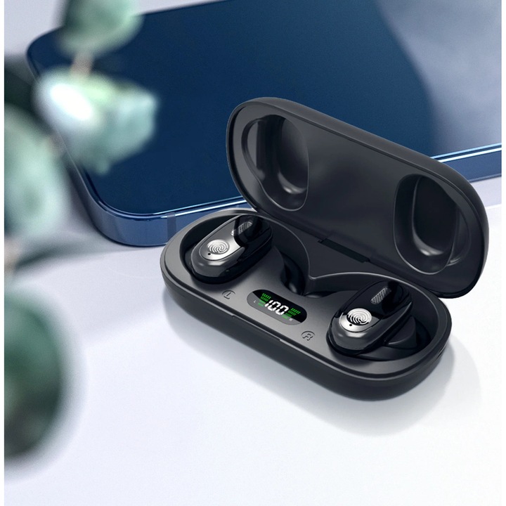 Csontvezetéses Bluetooth fejhallgató, hosszú üzemidő, fekete, 9.8x4.2x2cm