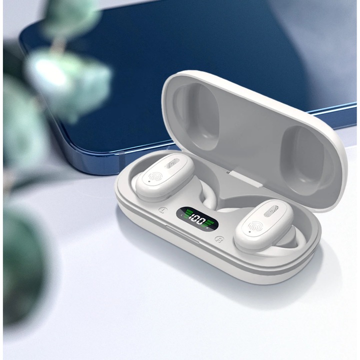 Csontvezetéses Bluetooth fejhallgató, fehér, 9.8x4.2x2cm, hosszú üzemidő