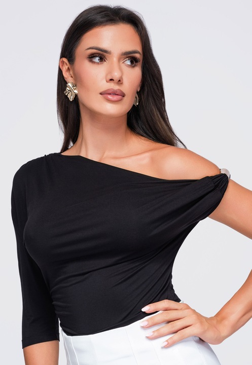 Aszimmetrikus blúz nőknek, slim fit, egy vállon, drapált részletekkel OW-TS-E0075, Fekete