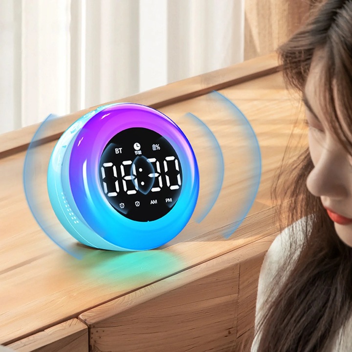 Ceas desteptator electronic multifunctional Bluetooth, ecran color, albastru, 10x10x7.5cm
