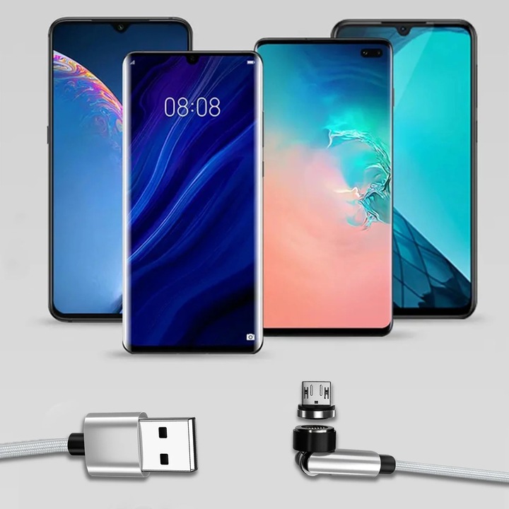Cablu magnetic date USB micro, argintiu, 2m, 18W, 5V 2.1A