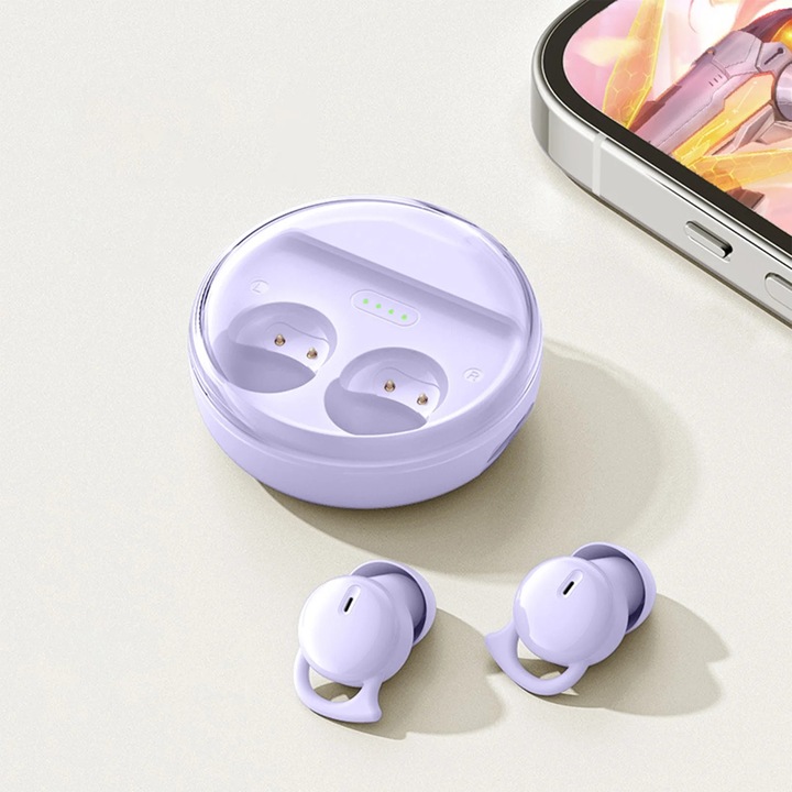 Vezeték nélküli Bluetooth 5.3 fülhallgató, mini in-ear, dupla mikrofon, lila, 4.7x4.7cm