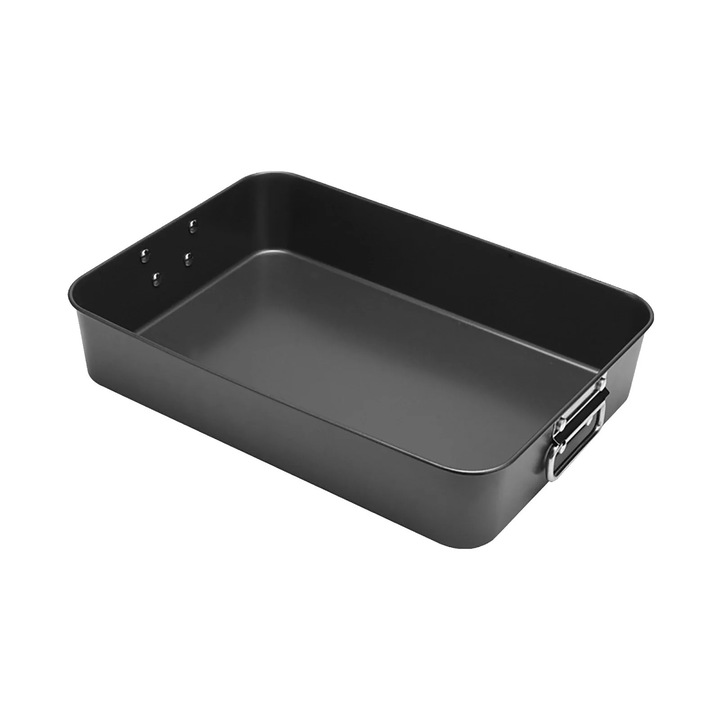 Tava de copt dreptunghiulara neagra, metal, 40x29x7.5cm, cu manere, capacitate mare