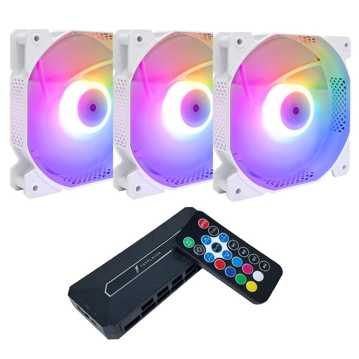 3 db 1stPlayer® Combo F2-AP-wh aRGB ventilátor szett, vezérlő és távirányító, fordulatszám szabályozás, fehér színű