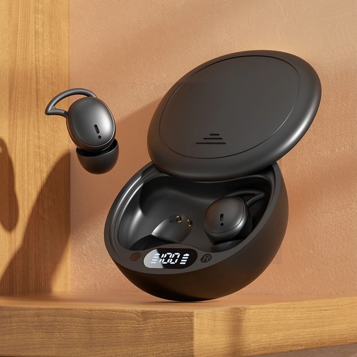 Vezeték nélküli Bluetooth 5.4 fülhallgató, izzadásálló, vezeték nélküli töltés, fekete, 7x7x3.5cm