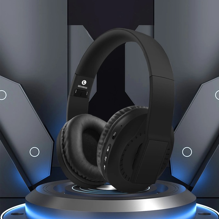 Vezeték nélküli Bluetooth 5.3 fejhallgató, összecsukható, fekete, 18x19x8.8cm