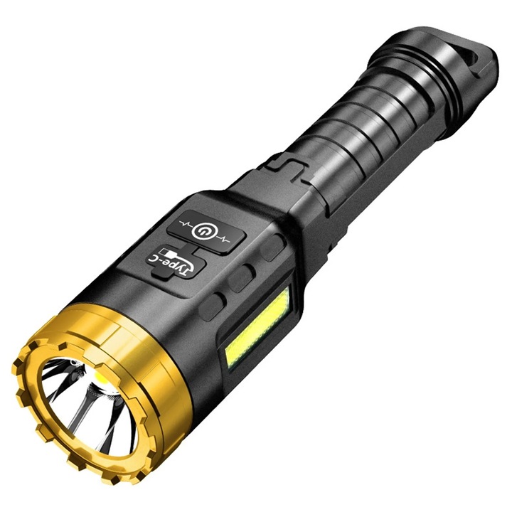 USB újratölthető LED lámpa, 2000LM, oldalsó fénnyel, 15x3.7x3.7cm, műanyag