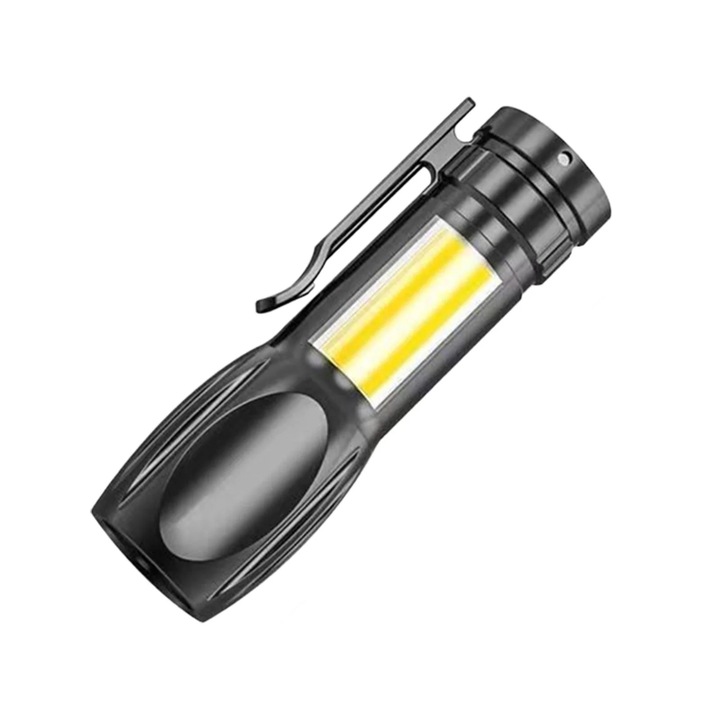 USB újratölthető lámpa, toll stílusú klipsz, erős oldalsó fény, fekete, 9.5x3.5x3.5cm