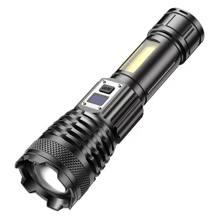 USB újratölthető LED lámpa, zoom, digitális kijelző, fekete, 20x5.5x5.5cm