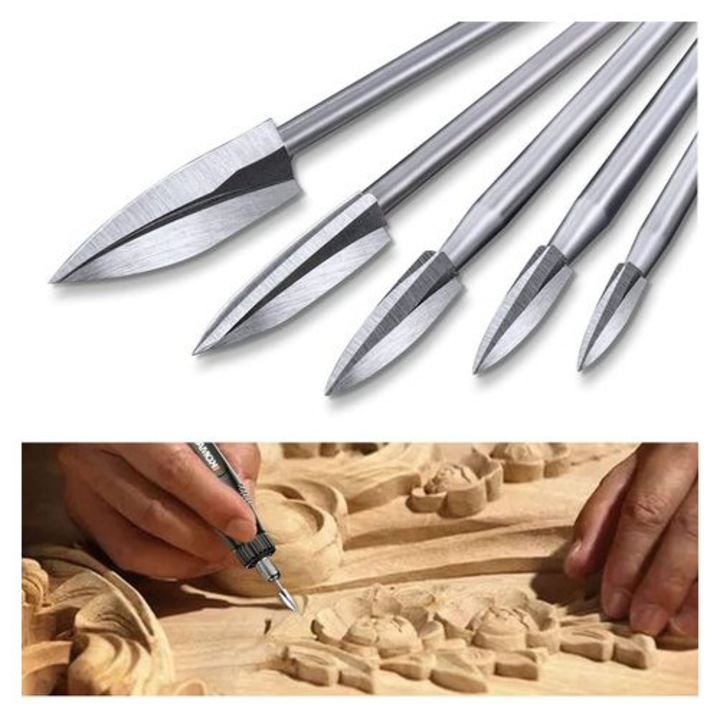 Set 5 burghie gravura lemn, otel rapid, 3-8mm, universal