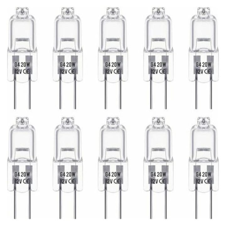 Комплект 10 халогенни крушки G4 12V 20W топло бяло 9x9x30mm