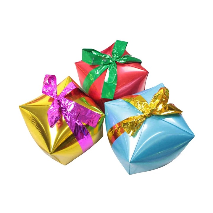 Set 3 baloane folie aluminiu cutie cadou rosu auriu albastru 46cm