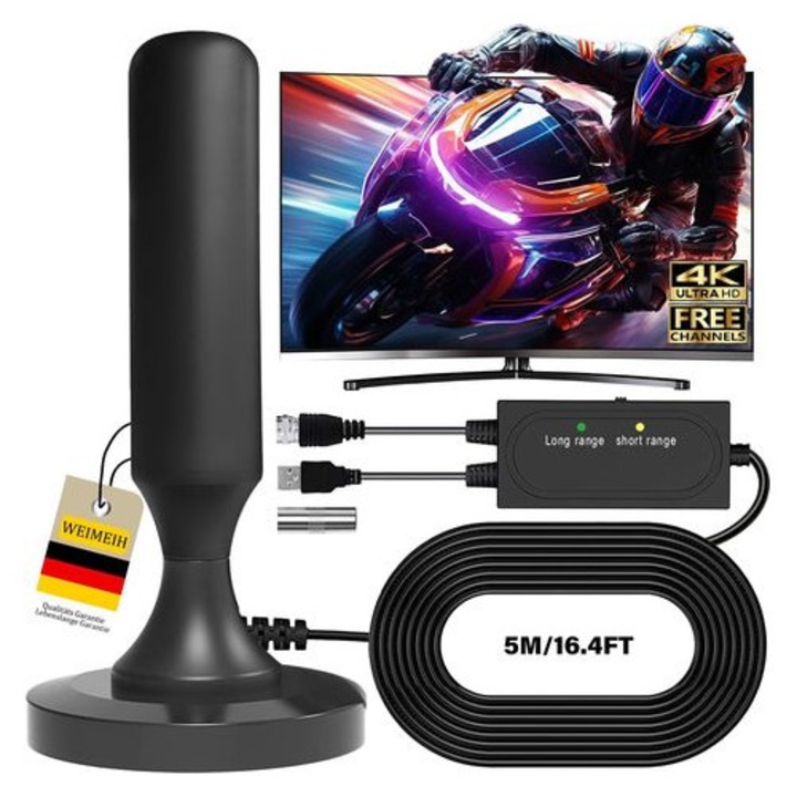 Antena TV interioara, 420 km, Ultra HD 4K, baza magnetica, cablu coaxial