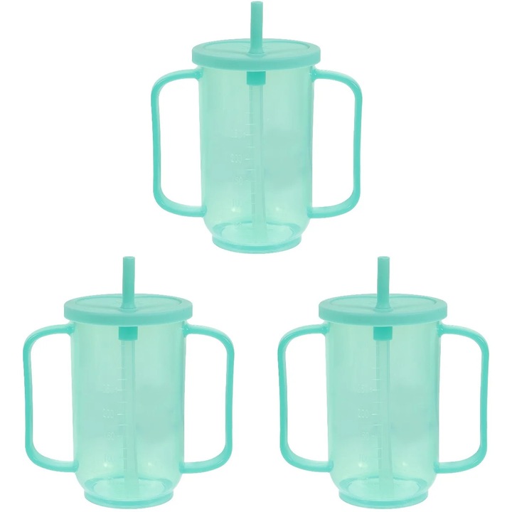 Set 3 cani de baut pentru persoane cu dizabilitati ZYBLSSBB LSM2xh222-BCS0050575, din plastic rezistent, gura inclinata cu pai si doua manere, verde deschis, 15 x 13 x 7.6 cm