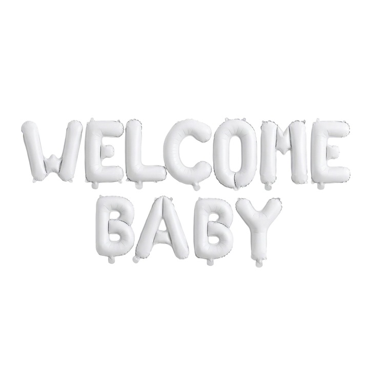 Set Baloane din Folie Metalizata, Figurine Litere, Model Welcome Baby, Tema Aniversare, 40 cm, Ambalaj Individual, Pai inclus, Umflare cu Aer sau Heliu, Alb, Damur