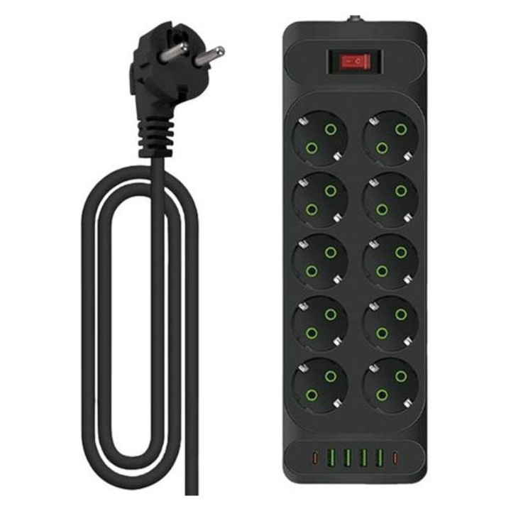 Prelungitor 10 prize 4 USB 2 Type-C negru 5x5x5cm 2m cablu