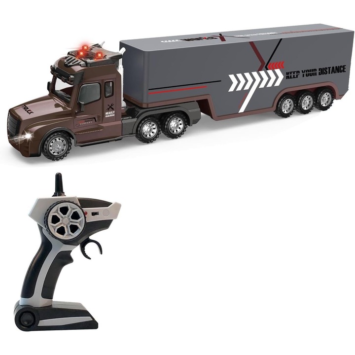 Camion és Utánfutó Távirányítóval RC 1:24, Félpótkocsi LED Fényekkel, Valósághű Hangokkal és Zenével, Levehető Utánfutó Szállításhoz, Építőipari Játék Gyermekeknek, Damur