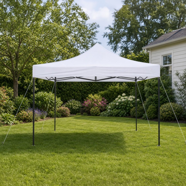 Összecsukható pavilon sátor 3x3m, megerősített összecsukható fémváz, rögzítőgyűrűk, Polyester Oxford 420D 185 g/m udvarra, kertbe, rendezvényekre, fehér, Damur