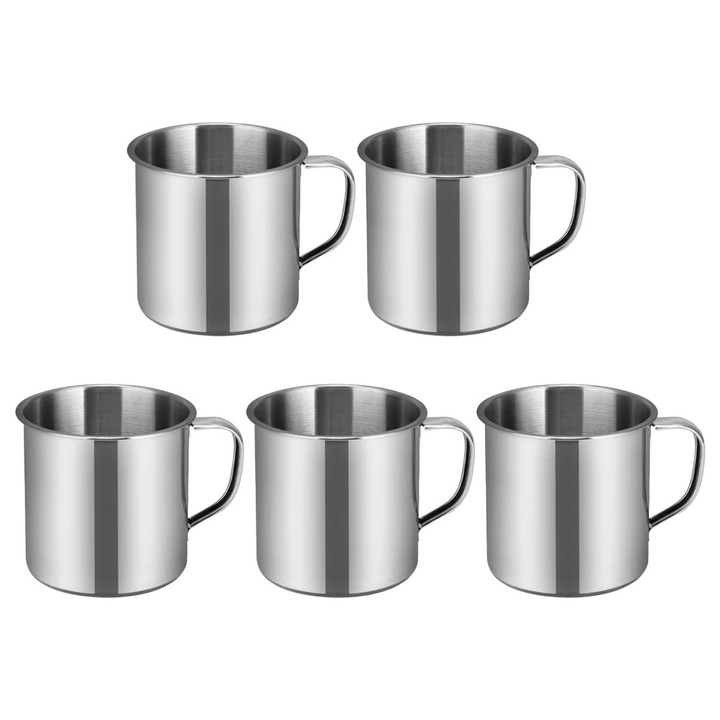 Set 5 cani din otel inoxidabil ZYBLSSBB LSM2xh16840-BCS0176328, pentru copii (gradinita), argintiu, 6.5 x 6.5 x 5.5 cm