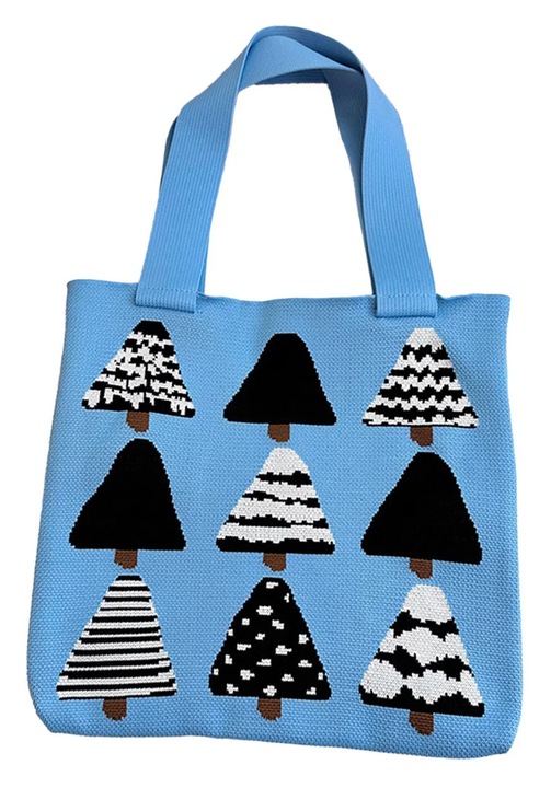 Kék karácsonyfa mintás kötött tote táska 36x32cm
