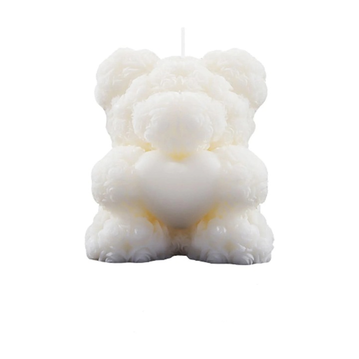 Lumanare decorativa ursulet cu trandafiri, aromaterapie, alb, 9.5x8.2cm