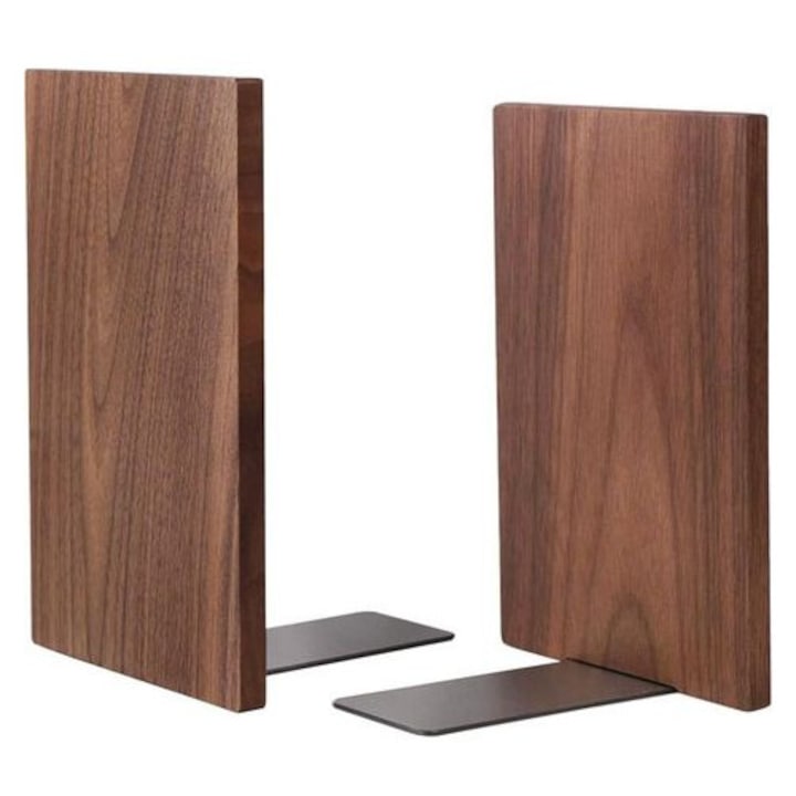 Suport carti lemn nuc american si metal, robust, maro, 18x12x10.5cm, set 2 bucati