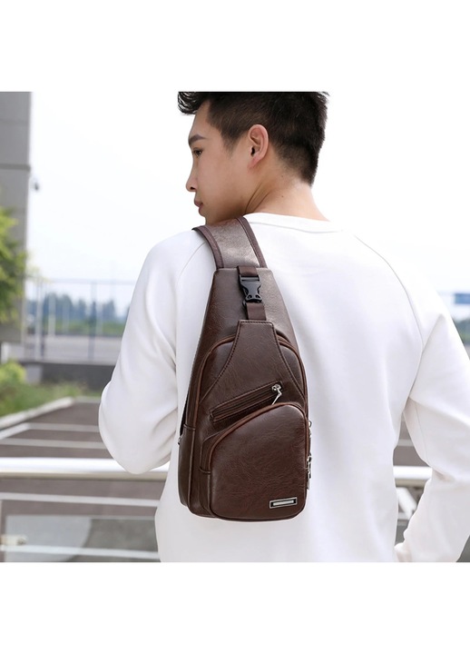 Unisex Sling táska, barna, 35x16x5cm, fejhallgató nyílással, túrázáshoz és kempingezéshez