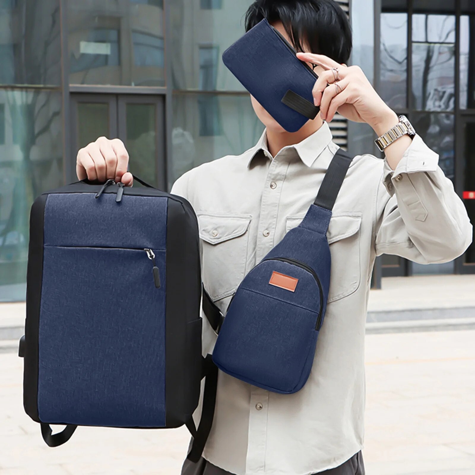 Rucsac laptop set 3 piese, albastru, 43x30x13cm