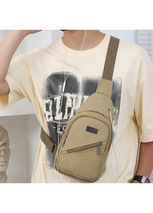 Rucsac crossbody YANYXR multifunctional, cu port USB, khaki, 30x16x6cm