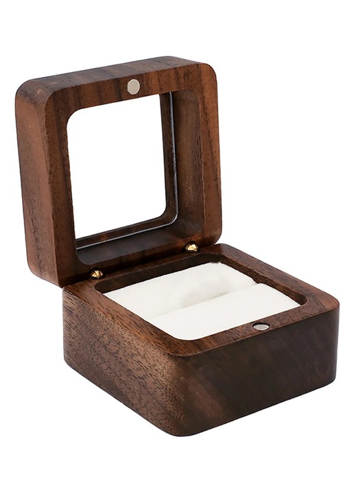 Elegáns, fehér fa gyűrűsdoboz 6x6x4cm, bársony béléssel, eljegyzésre és esküvőre
