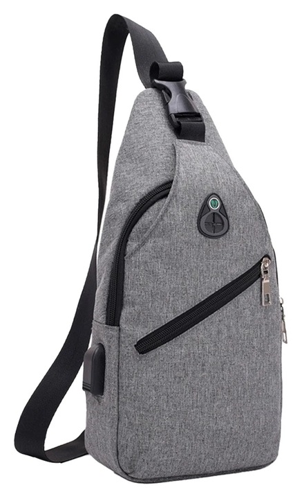 Rucsac crossbody multifunctional cu port USB si gauri pentru casti, negru-albastru-gri, 33x17x9cm