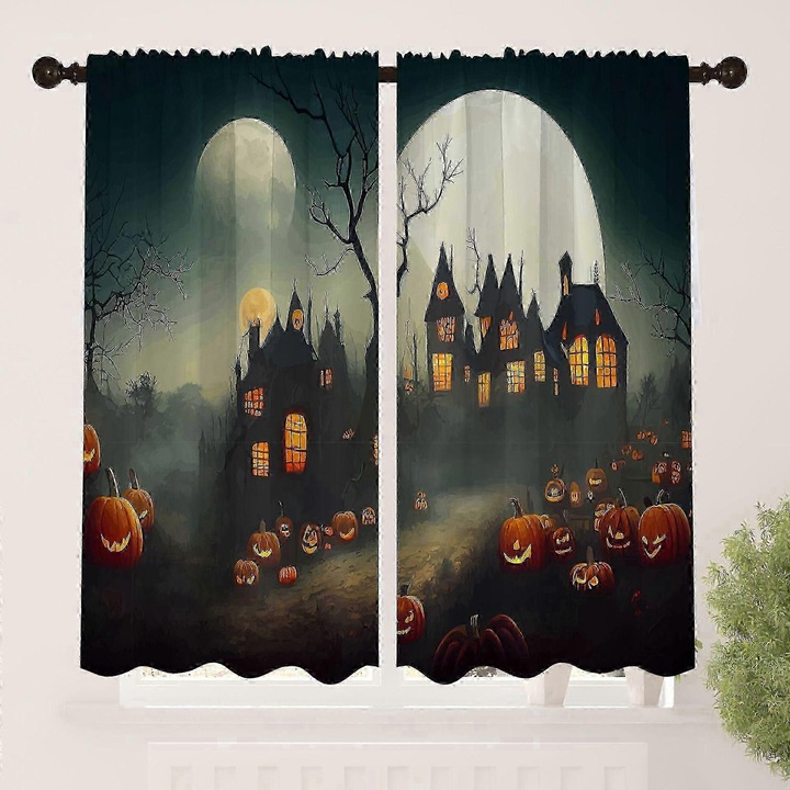Halloween digitális nyomtatású függönyök, félátlátszó, rövid, narancssárga, 108x137cm, 2 darabos szett