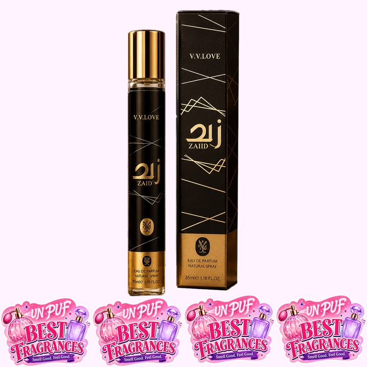 Parfum unisex V.V. Love Zaid, Apa de Toaleta, 35 ml, aroma dulce cald-condimentata, scortisoara, nucsoara, bergamota, curmale, pralina, vanilie, tonka si smirna, 4x Stickere