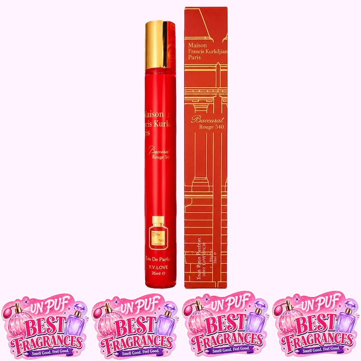 Parfum unisex Baccarat Rouge 540 V.V. Love, Apa de Parfum, 35 ml, aroma lemnoasa ambrata, sofran, iasomie, lemn ambrat, cedru, zahar si ambroxan, 4x Stickere