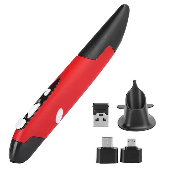 Vezeték nélküli ergonomikus egér toll piros 2.4G 4 gomb 10m 800-1600dpi 12x3cm