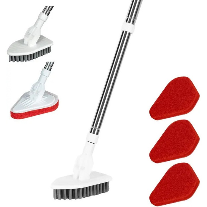 Perie de curatare reglabila 2-in-1 cu bureti si maner extensibil 117cm, alb