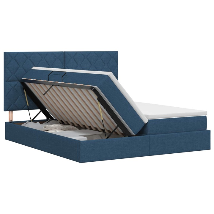 vidaXL Tárolós Ágy fejtámlával tárolóval Kék 200 x 200 cm Szövet 3459812