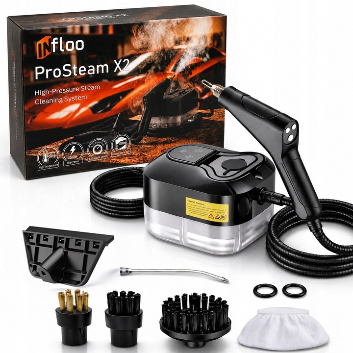 Aparat de curatat cu abur, Infloo, ProSteam X2 Pro, 2500W, presiune 4.5 bar, incalzire in 15 secunde, rezervor 1.2L, 6 trepte de abur, curatare profunda pentru casa si auto fara chimicale, include un set complet de accesorii, Alb cu Negru