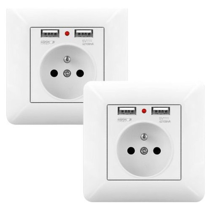 2 db fali aljzat készlet 16A 240V dupla USB-vel és fehér LED-del 60x60mm