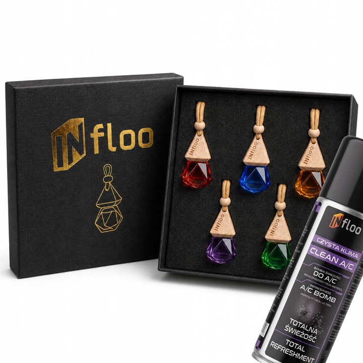 Autóillatosító és klímatisztító spray szett, Infloo, Premium Edition és Czysta Klima, 5 luxus üveg diffúzor fa kupakkal, 200ml gyors hatású spray 15 perc alatt, megszünteti a szagokat és a penészt, elegáns ajándék