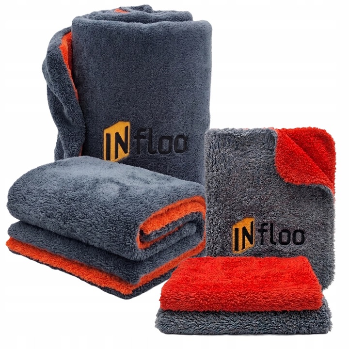Set 2x prosoape auto cu doua fete pentru uscare, Infloo, dimensiuni 60x90 cm si 40x40 cm, microfibra ultra groasa, densitate extrema 1200 GSM, absorbtie uriasa de apa fara urme, foarte delicate cu vopseaua, pentru detailing, Gri/Rosu