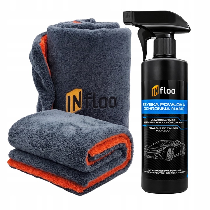 Set premium detailing auto, Infloo, prosop cu doua fete din microfibra 60x90 cm 1200 GSM pentru uscare rapida, solutie Quick Detailer Nano 500ml pentru protectie vopsea, efect hidrofob intens, luciu de oglinda profund, antistatic