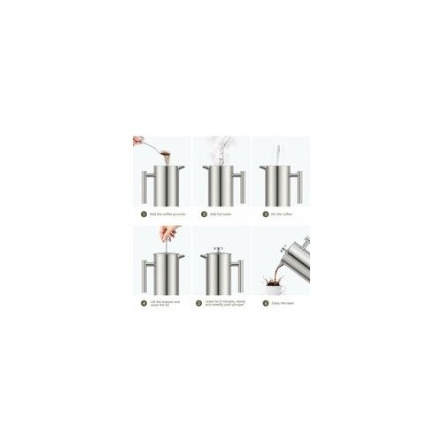 Cafetiera piston inox 1L, dublu filtru, mentine cald, 6.5mm grosime