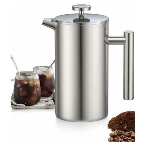 Cafetiera piston inox 1L, dublu filtru, mentine cald, 6.5mm grosime