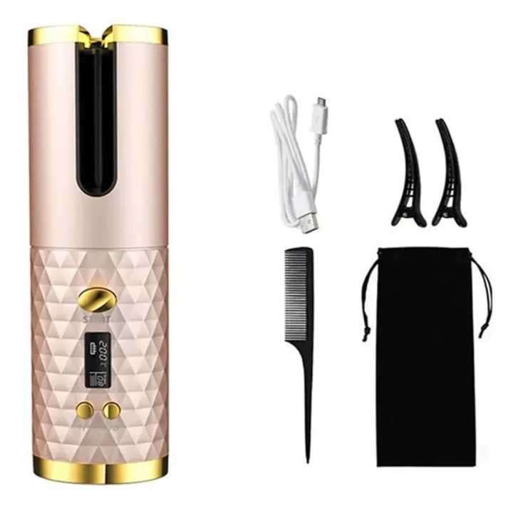 Автоматична керамична маша за коса, въртяща се, LCD, златна, 4000mAh, 34W