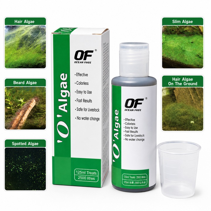 Solutie contra alge acvariu Ocean Free O Zero Algae pentru 2500 litri de apa, solutie anti alge acvariu pentru combaterea algelor din acvariu, incolora, fara schimb de apa, 125 ml