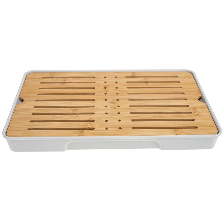 Tavita pentru ceai ZYBLSSBB LSM5241-BCS0137218, din bambus cu baza din melamina si fante pentru scurgere, alb/natural, 32 x 19 x 3.5 cm