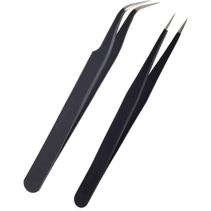 Csipesz szett 2 darabos, fekete, egyenes és hajlított hegyű, precíziós, 12cm