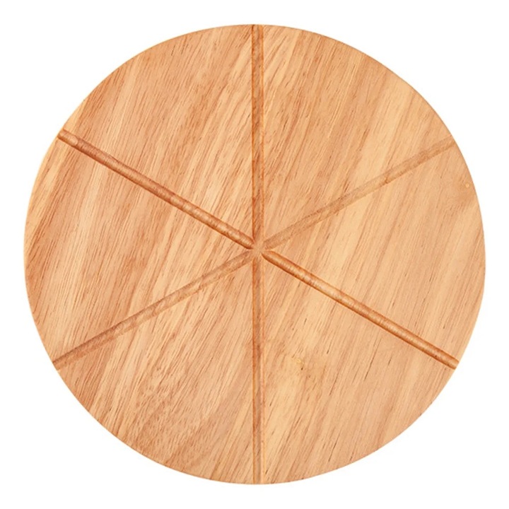 Tocator rotund din lemn, 16x16x2cm, khaki, cu 6 taieturi pentru pizza