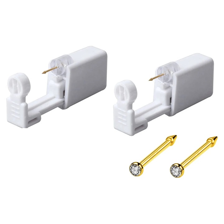 2 db orr piercing pisztoly készlet, 2 arany színű szár, 16L, 20G, 2 tisztító eszköz